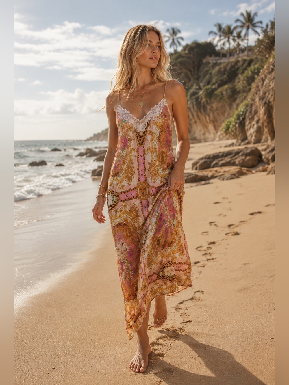 NWT Spell Lovers & Dreamers Lace Trim Strappy Maxi Dress Champagne Peach Sz L